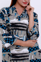 GroHood Indigo Abstract Co-ord Set – Printed Top & Wide-Leg Pants