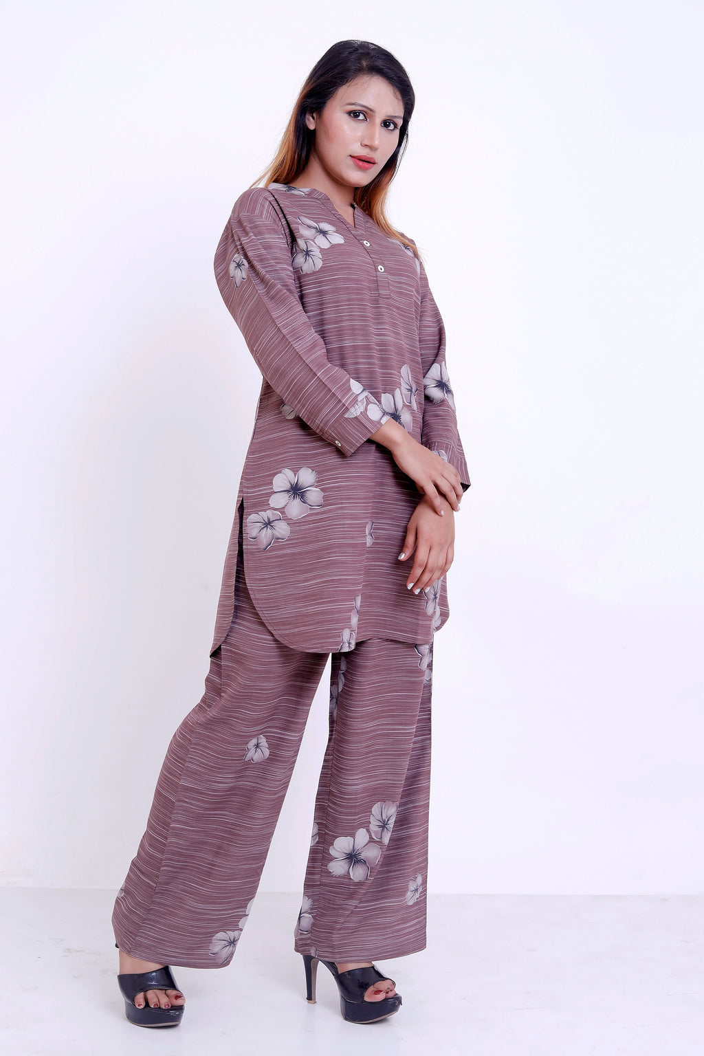 GroHood Mauve Line Co-ord Set – Striped Top & Wide-Leg Pants