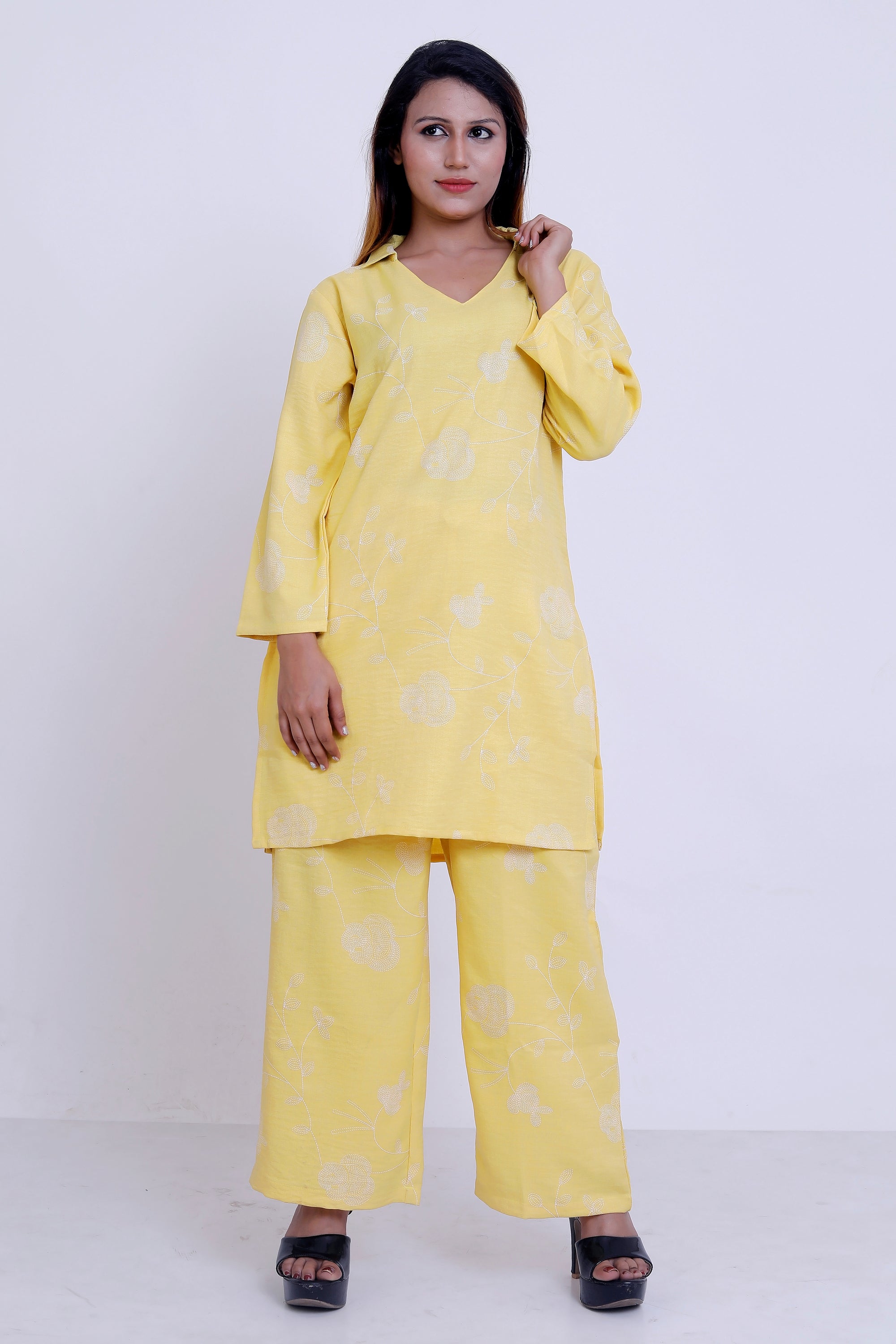 GroHood Butter Yellow Floral Co-ord Set – Relaxed Top & Wide-Leg Pants