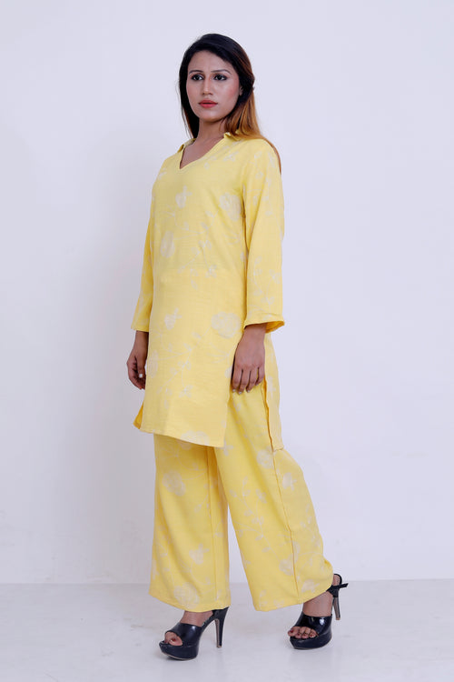 GroHood Butter Yellow Floral Co-ord Set – Relaxed Top & Wide-Leg Pants