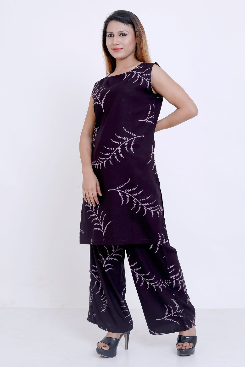 GroHood Wine Fern Co-ord Set – Sleeveless Top & Wide-Leg Pants