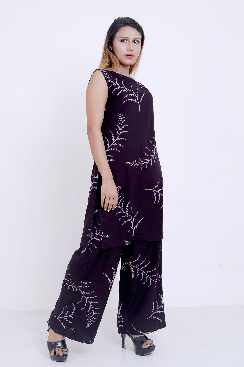 GroHood Wine Fern Co-ord Set – Sleeveless Top & Wide-Leg Pants