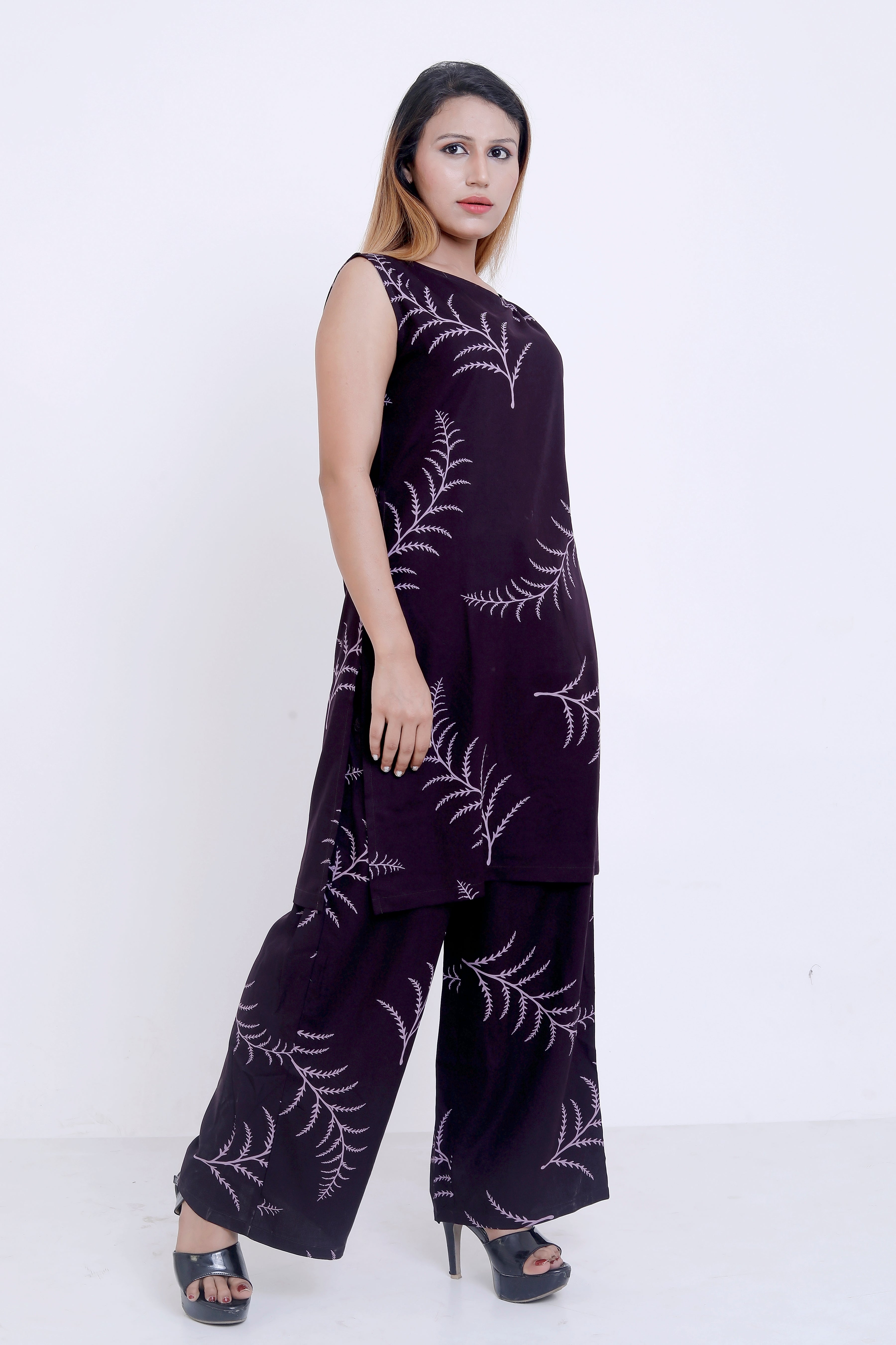 GroHood Wine Fern Co-ord Set – Sleeveless Top & Wide-Leg Pants