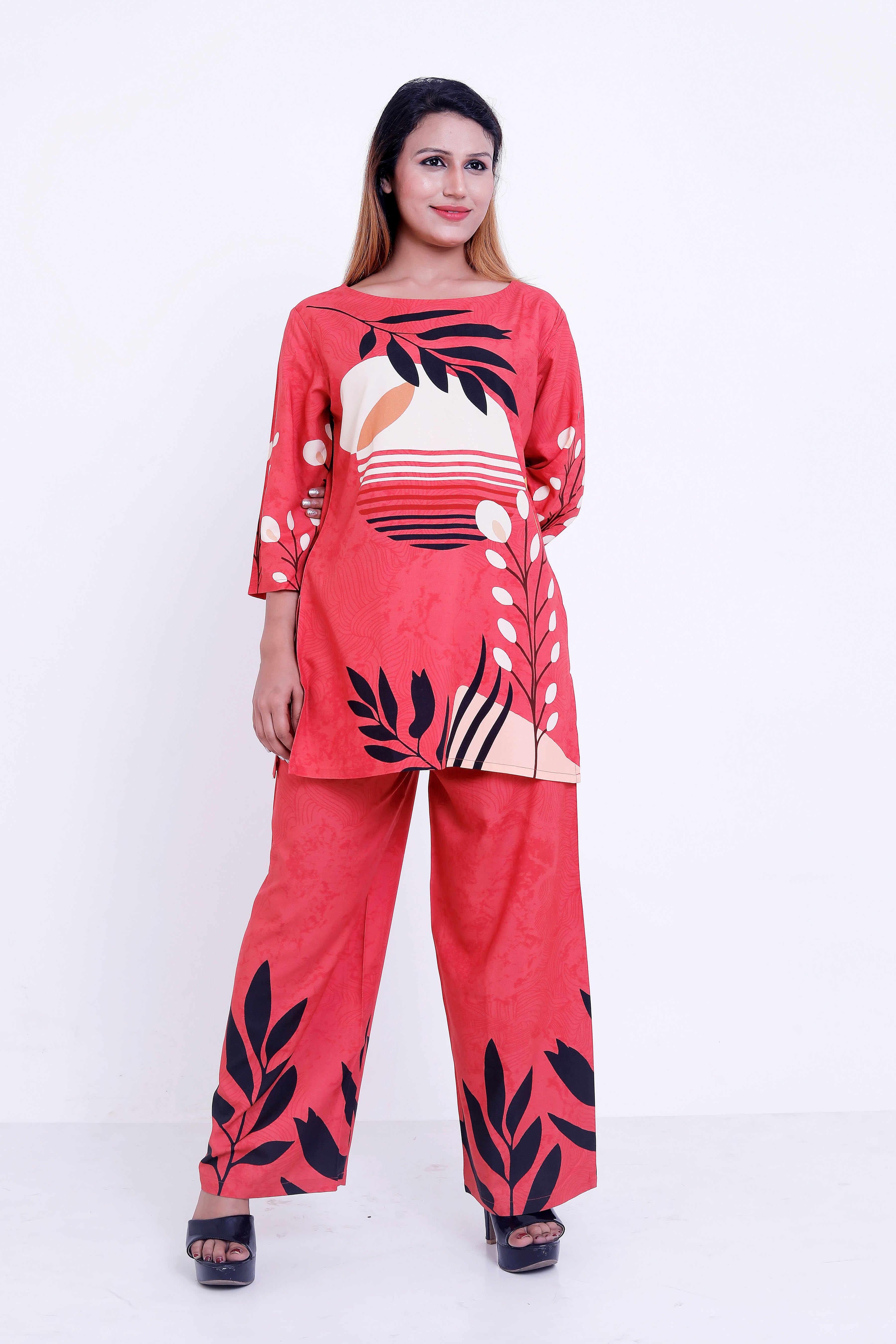 GroHood Coral Tropic Co-ord Set – Printed Tunic & Wide-Leg Pants