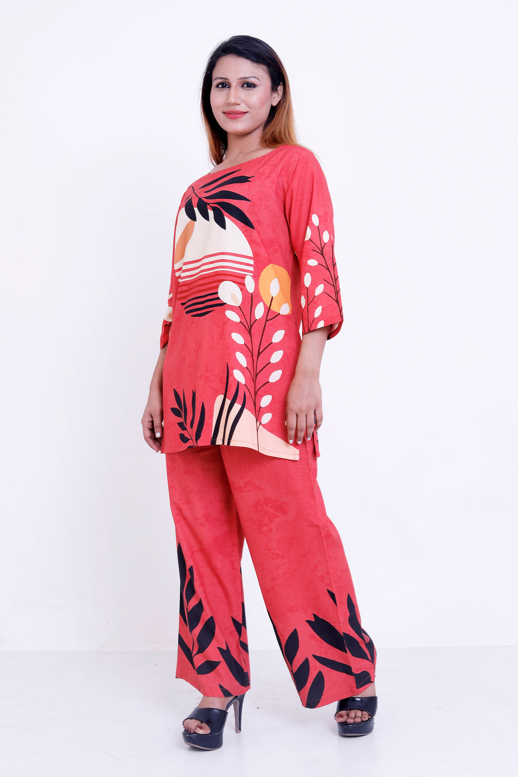 GroHood Coral Tropic Co-ord Set – Printed Tunic & Wide-Leg Pants