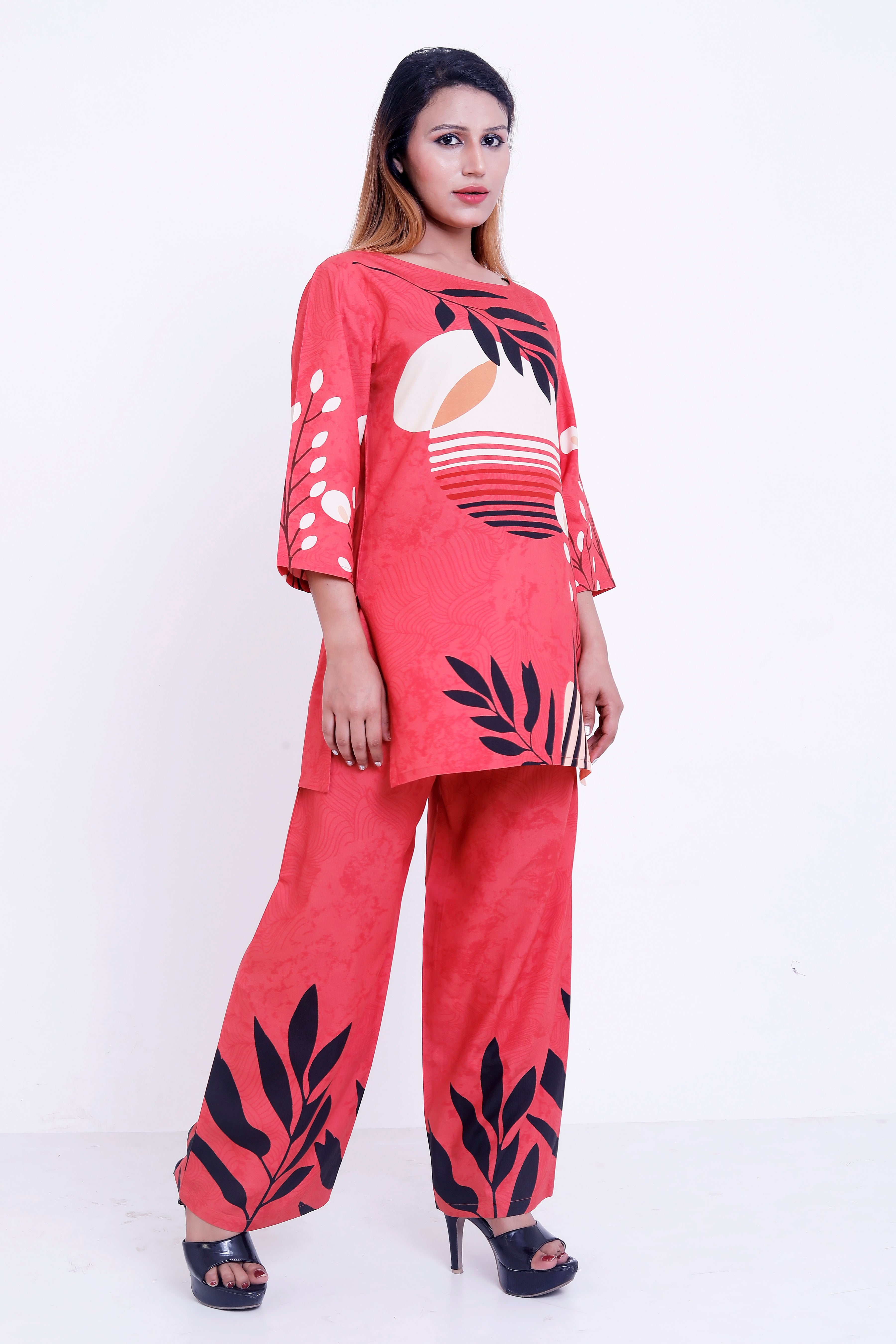GroHood Coral Tropic Co-ord Set – Printed Tunic & Wide-Leg Pants