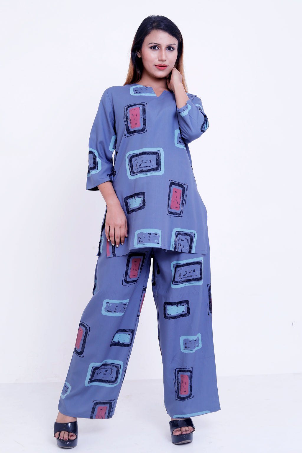 GroHood Slate Pop Co-ord Set – Abstract Printed Top & Wide-Leg Pants