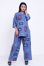 GroHood Slate Pop Co-ord Set – Abstract Printed Top & Wide-Leg Pants