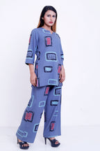 GroHood Slate Pop Co-ord Set – Abstract Printed Top & Wide-Leg Pants