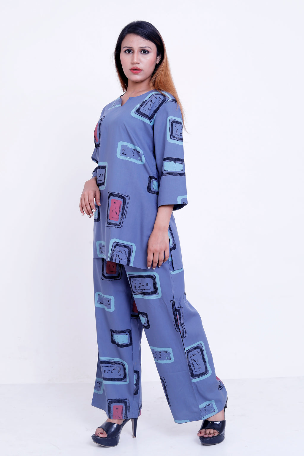 GroHood Slate Pop Co-ord Set – Abstract Printed Top & Wide-Leg Pants