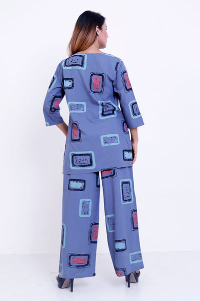 GroHood Slate Pop Co-ord Set – Abstract Printed Top & Wide-Leg Pants