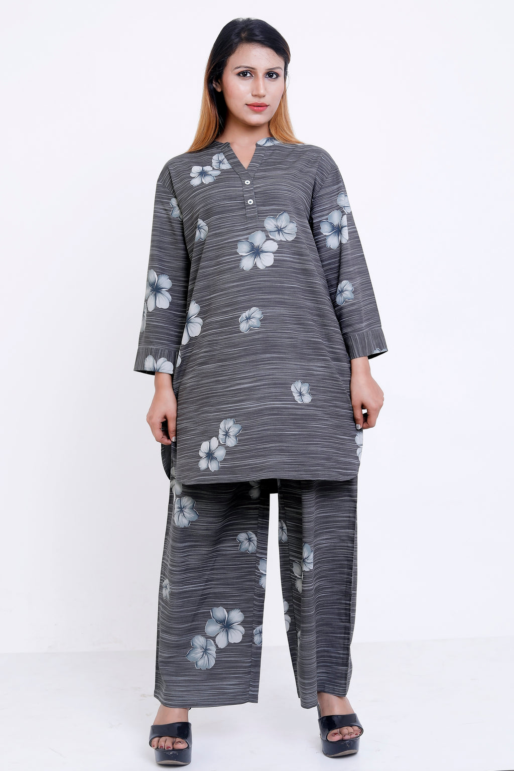 GroHood Steel Bloom Co-ord Set – Floral Tunic & Wide-Leg Pants