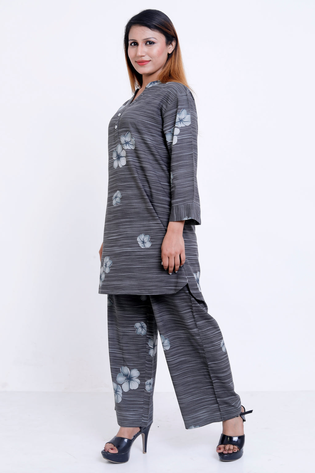 GroHood Steel Bloom Co-ord Set – Floral Tunic & Wide-Leg Pants