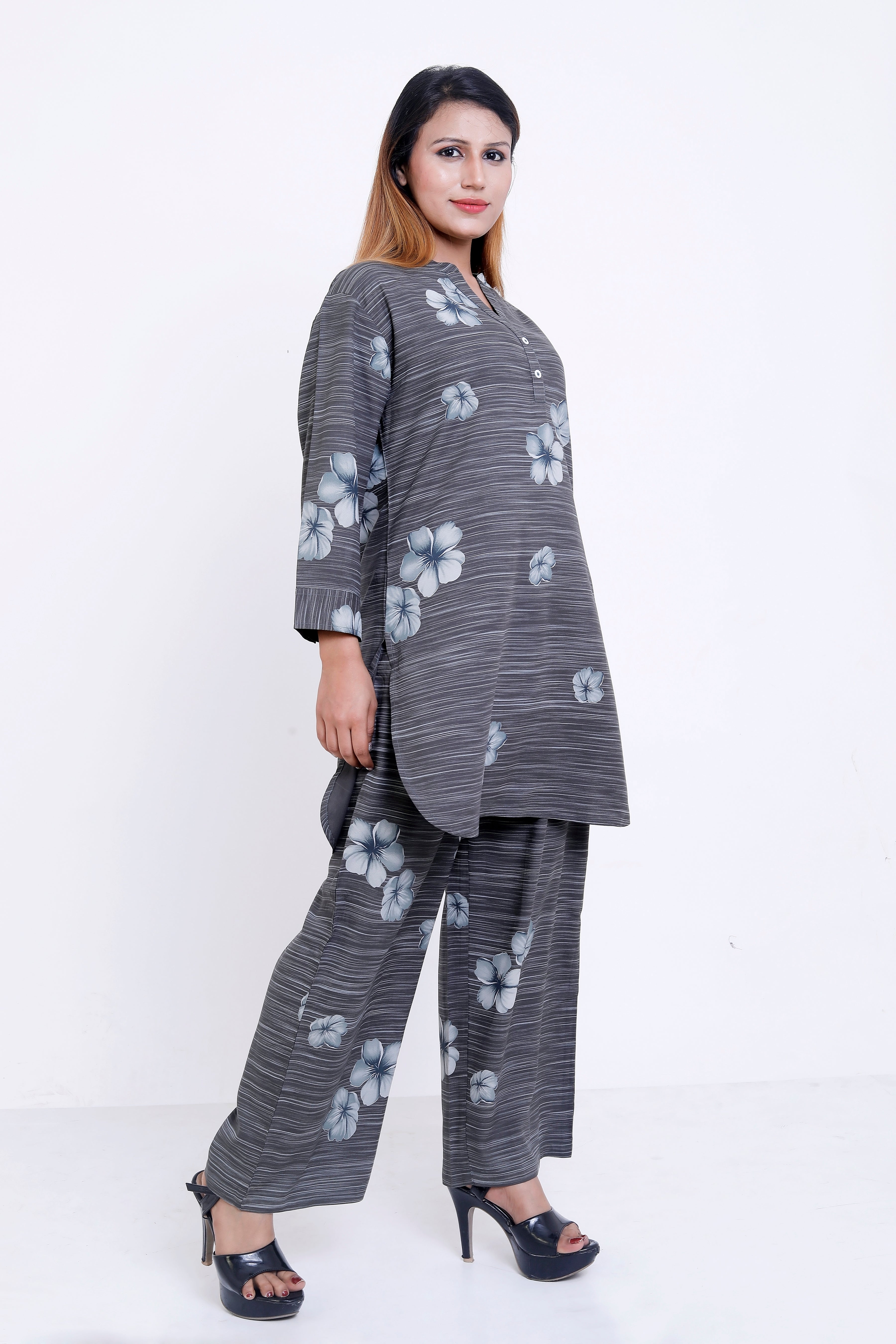 GroHood Steel Bloom Co-ord Set – Floral Tunic & Wide-Leg Pants