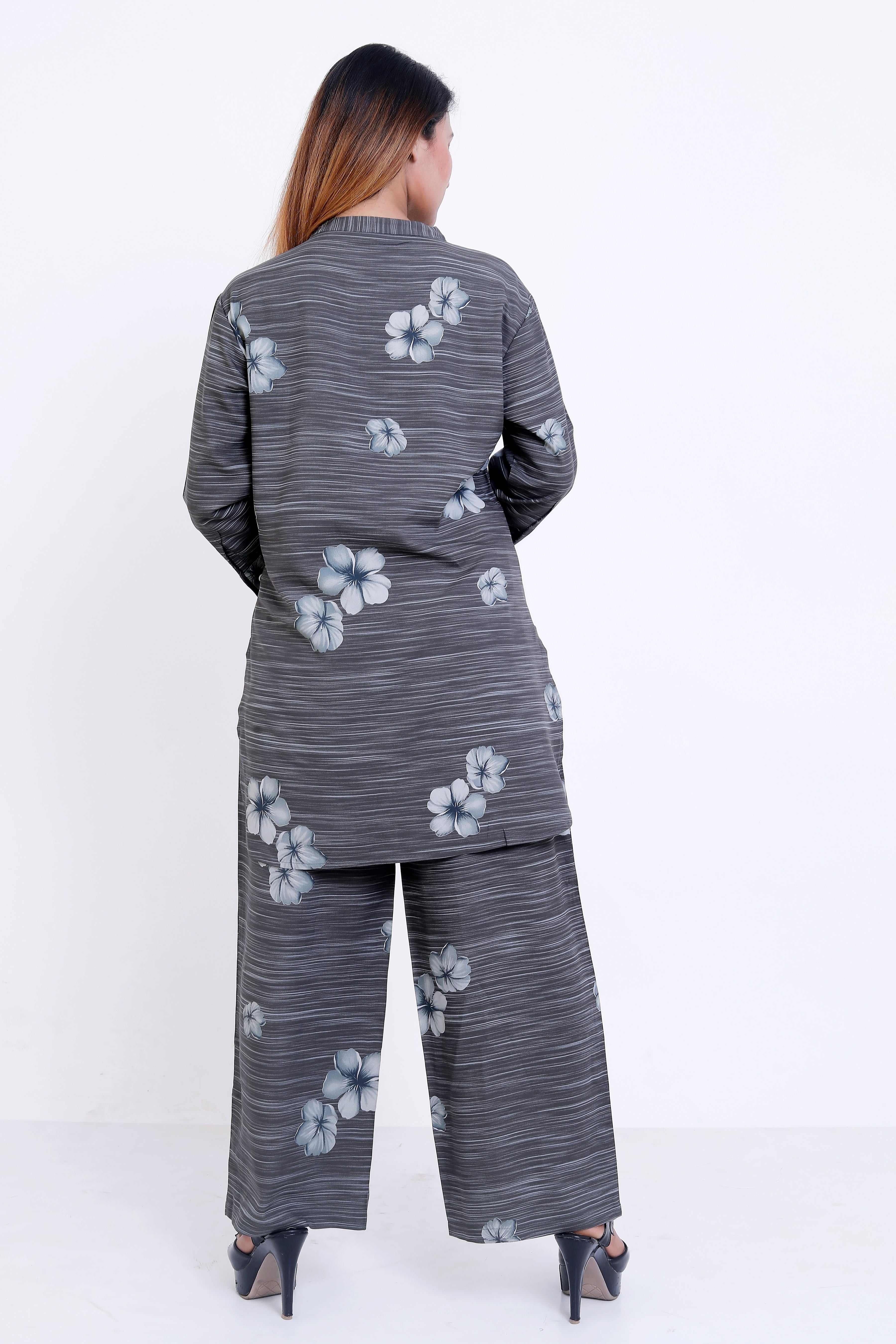 GroHood Steel Bloom Co-ord Set – Floral Tunic & Wide-Leg Pants