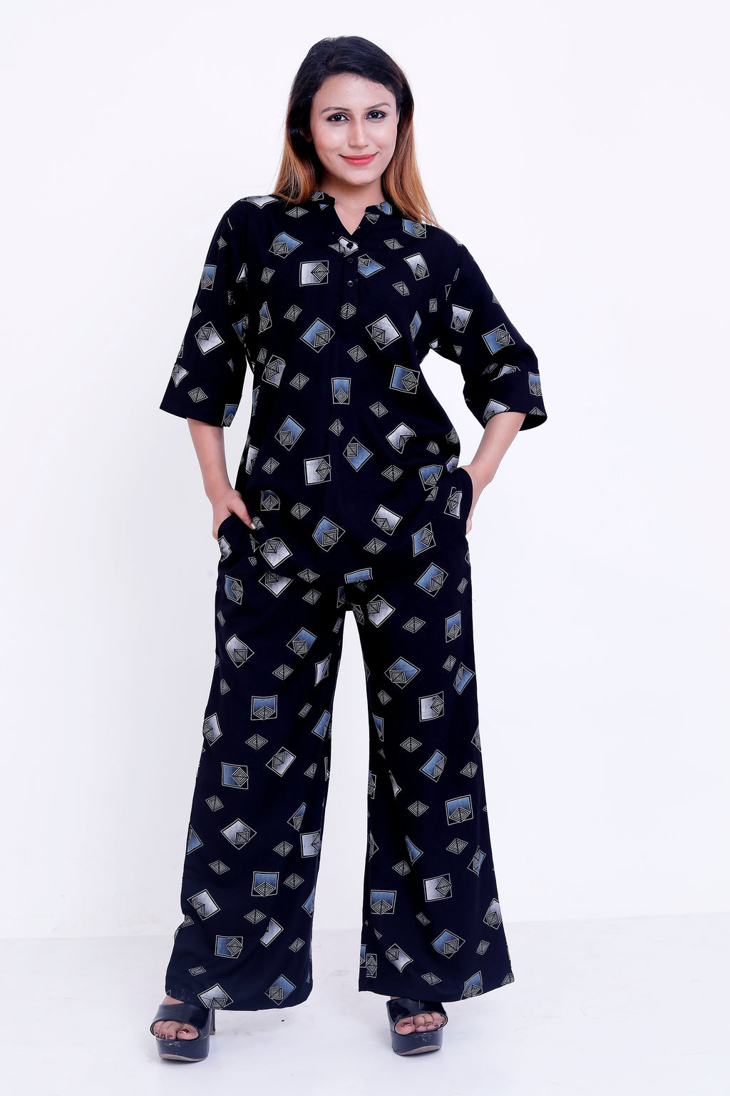 GroHood Midnight Geo Co-ord Set – Printed Shirt & Wide-Leg Pants