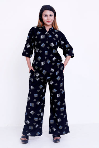 GroHood Midnight Geo Co-ord Set – Printed Shirt & Wide-Leg Pants