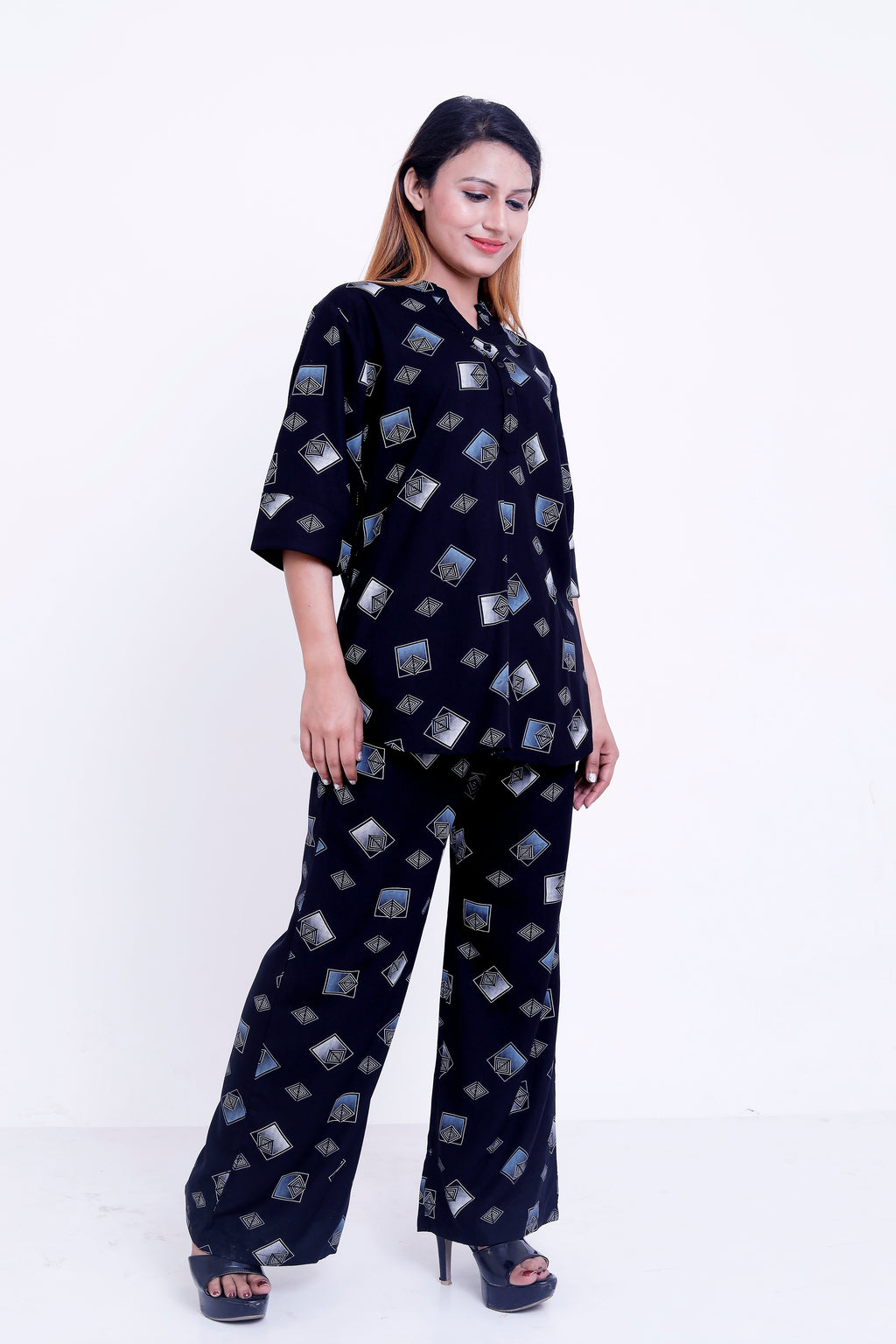 GroHood Midnight Geo Co-ord Set – Printed Shirt & Wide-Leg Pants