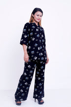 GroHood Midnight Geo Co-ord Set – Printed Shirt & Wide-Leg Pants