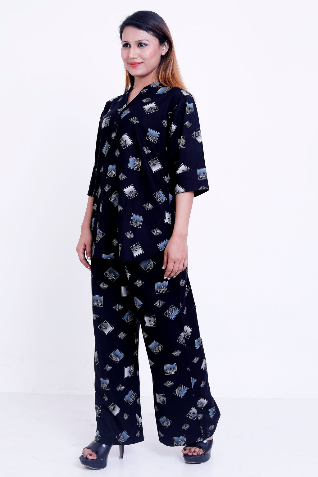 GroHood Midnight Geo Co-ord Set – Printed Shirt & Wide-Leg Pants