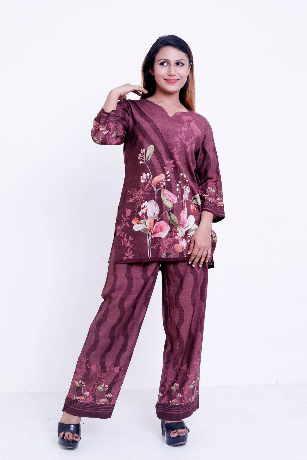 GroHood Wine Garden Co-ord Set – Floral Printed Tunic & Wide-Leg Pants