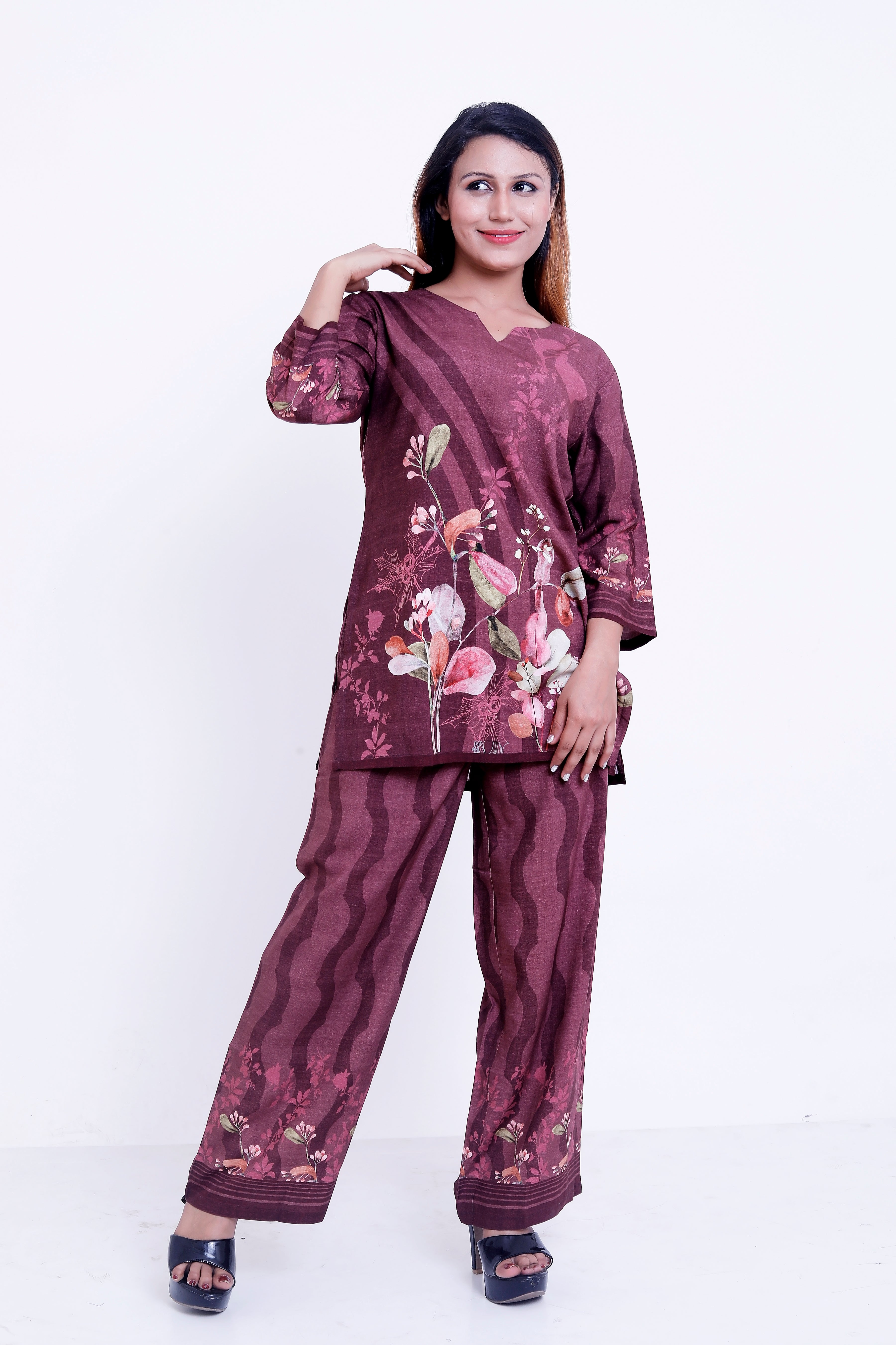 GroHood Wine Garden Co-ord Set – Floral Printed Tunic & Wide-Leg Pants