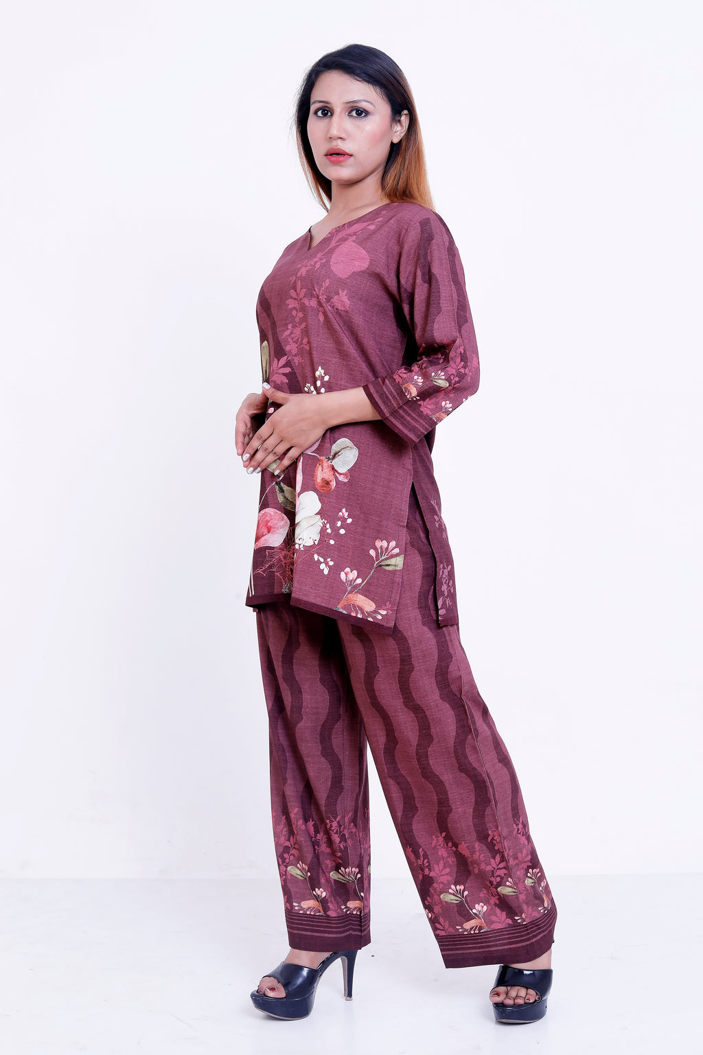 GroHood Wine Garden Co-ord Set – Floral Printed Tunic & Wide-Leg Pants