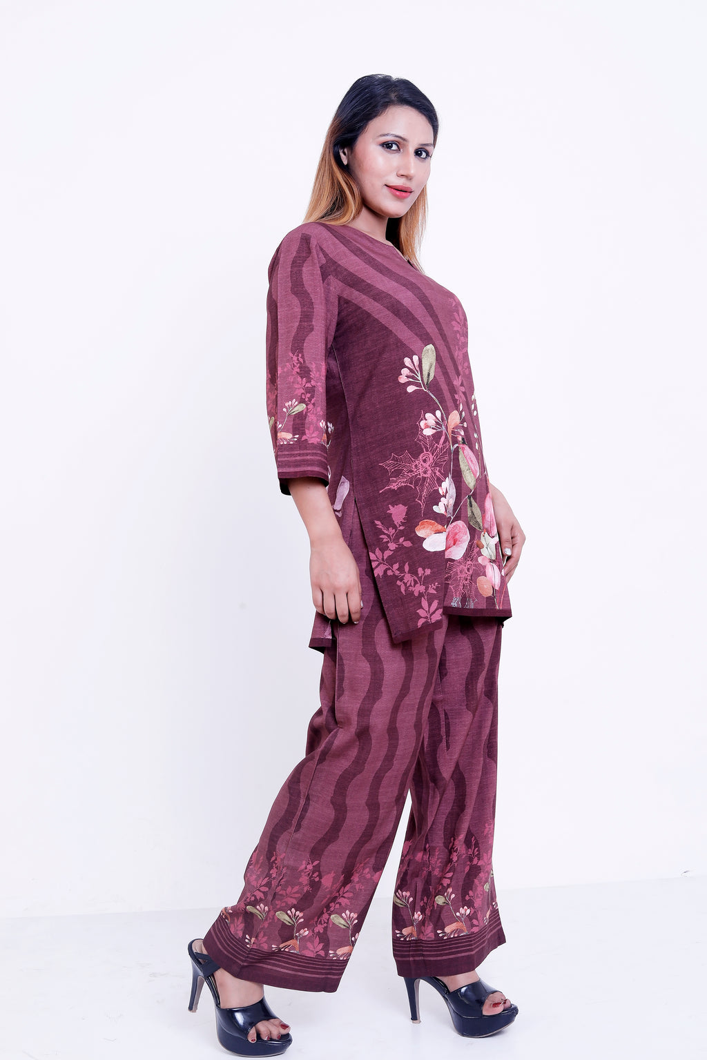 GroHood Wine Garden Co-ord Set – Floral Printed Tunic & Wide-Leg Pants