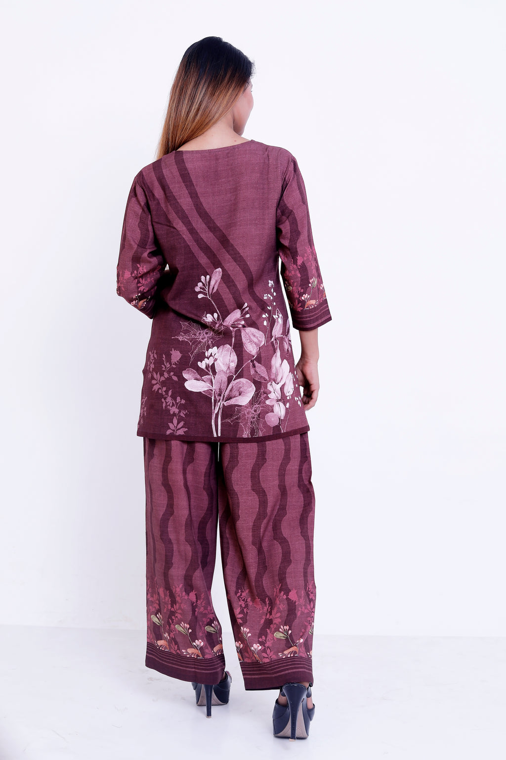 GroHood Wine Garden Co-ord Set – Floral Printed Tunic & Wide-Leg Pants