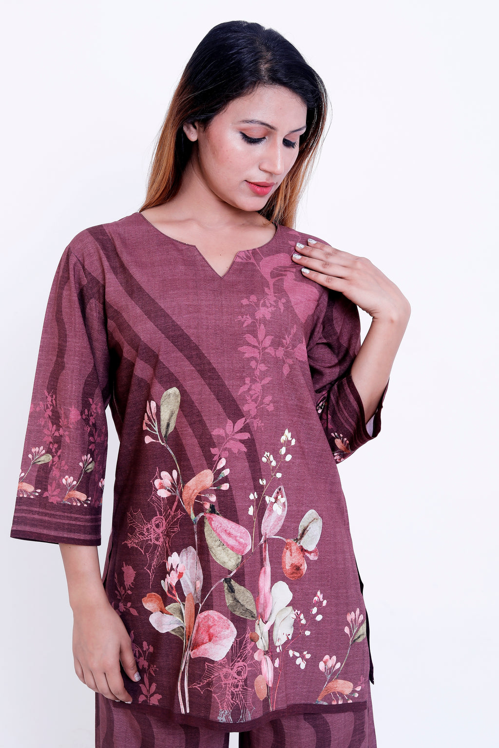 GroHood Wine Garden Co-ord Set – Floral Printed Tunic & Wide-Leg Pants