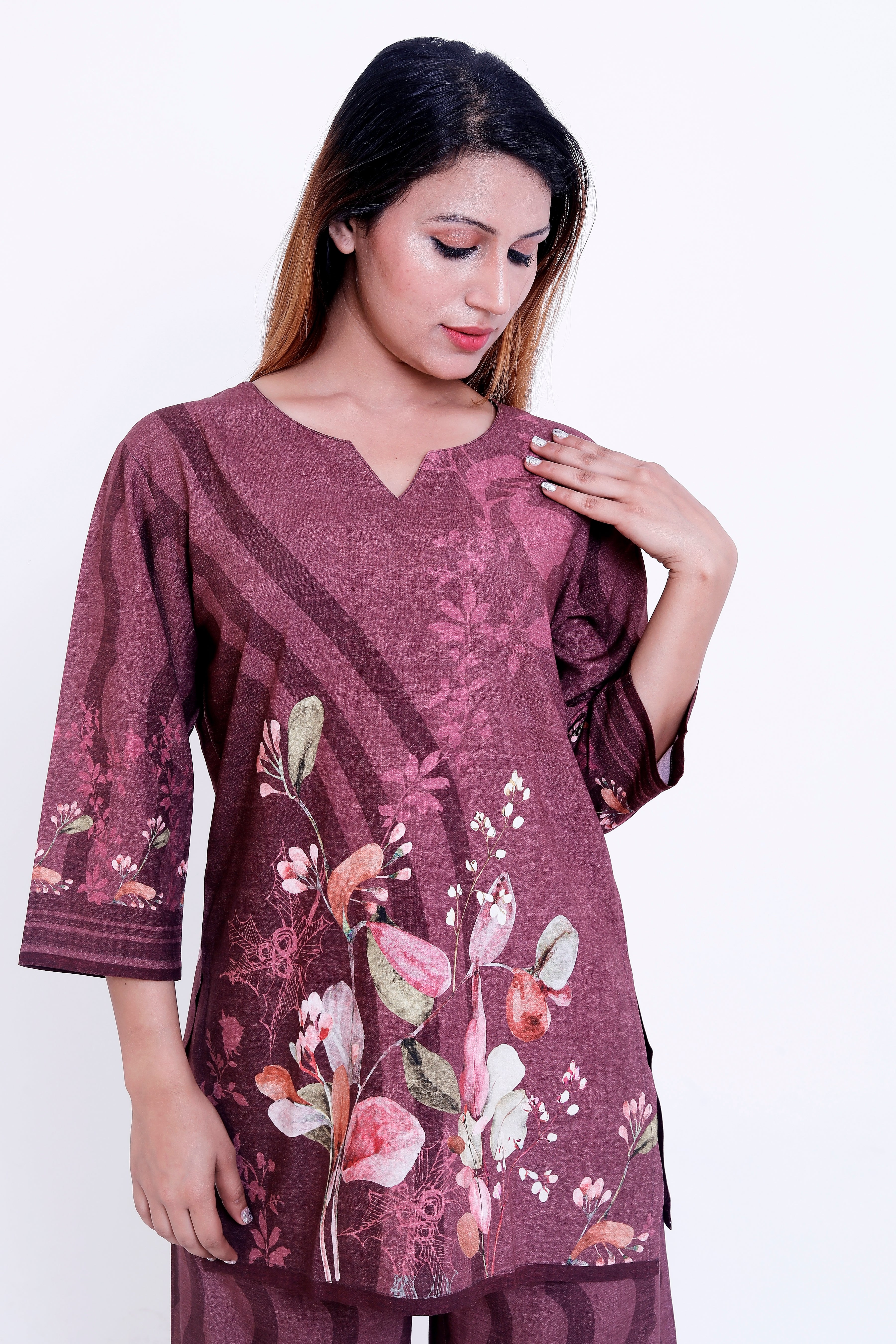 GroHood Wine Garden Co-ord Set – Floral Printed Tunic & Wide-Leg Pants