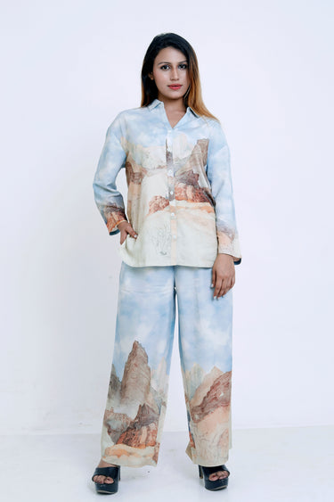 Women Blue Scenic Printed Shirt with Matching Palazzo Co-ord Set
