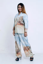Women Blue Scenic Printed Shirt with Matching Palazzo Co-ord Set
