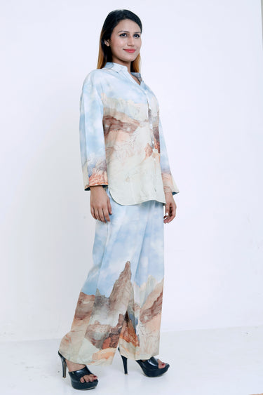 Women Blue Scenic Printed Shirt with Matching Palazzo Co-ord Set