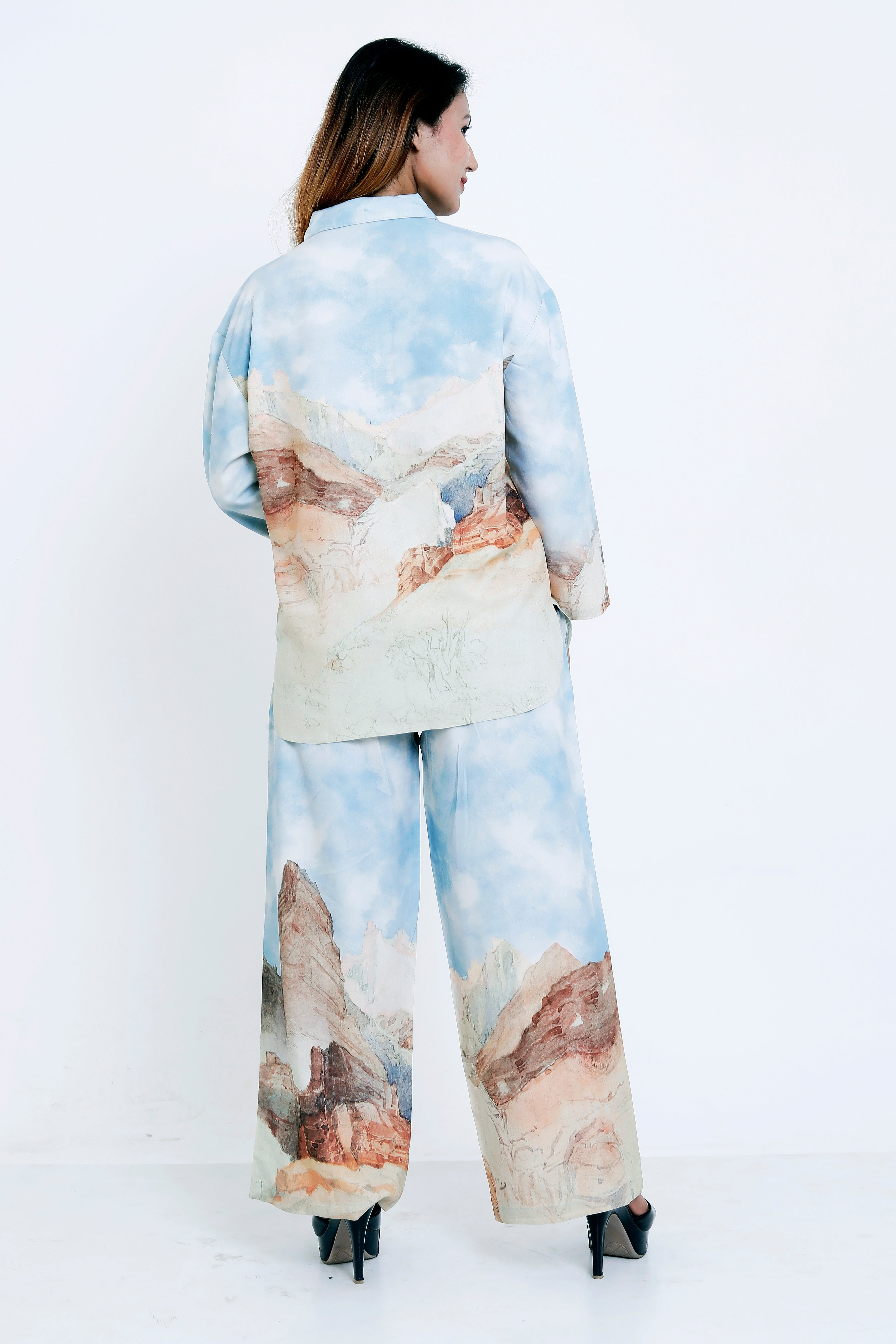 Women Blue Scenic Printed Shirt with Matching Palazzo Co-ord Set