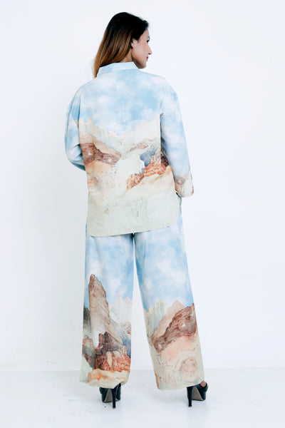 Women Blue Scenic Printed Shirt with Matching Palazzo Co-ord Set