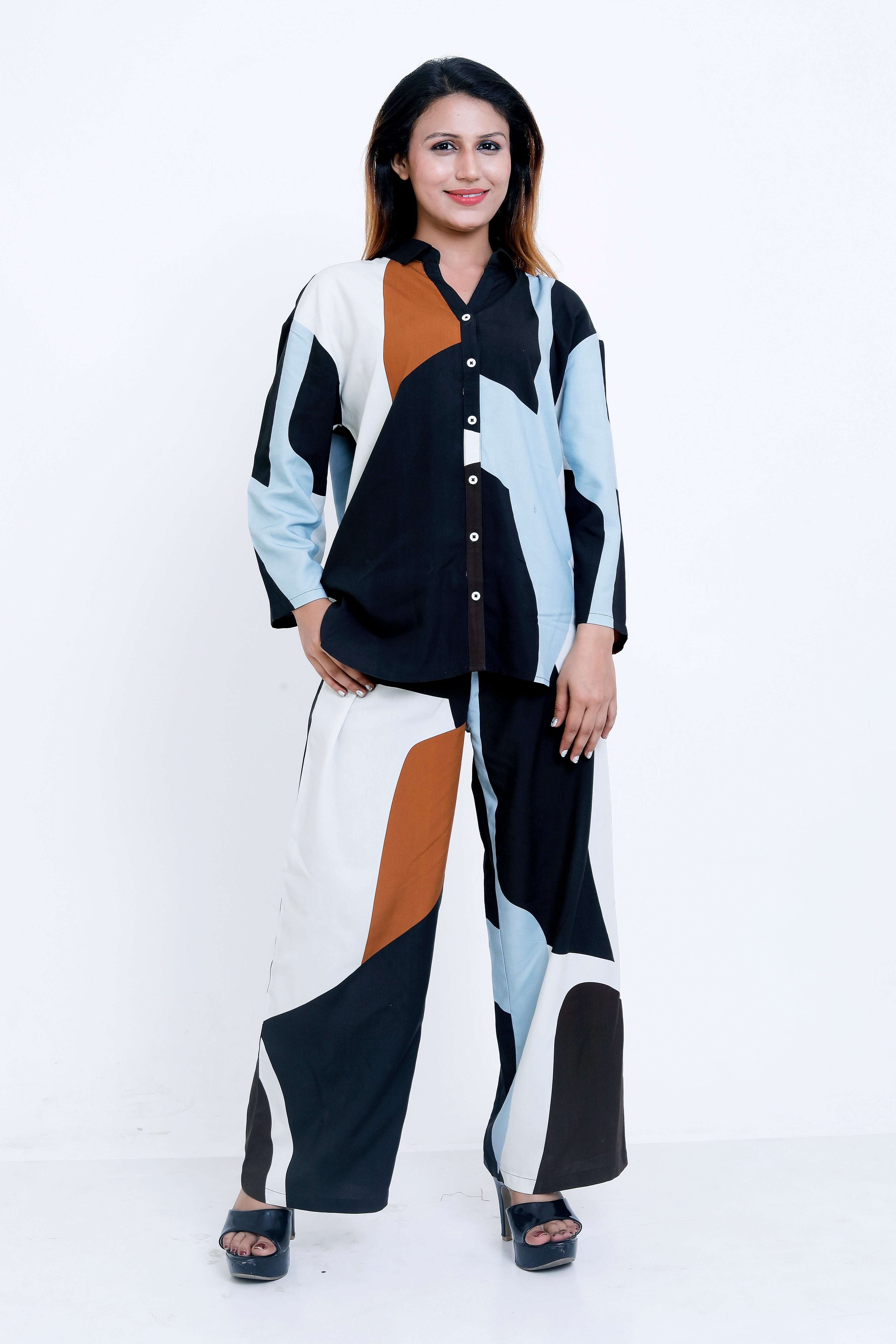 Women Abstract Colorblock Printed Shirt & Palazzo Co-ord Set