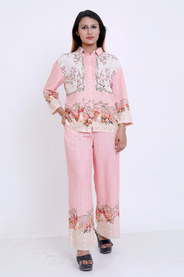 Women Pink Floral Printed Shirt & Palazzo Co-ord Set