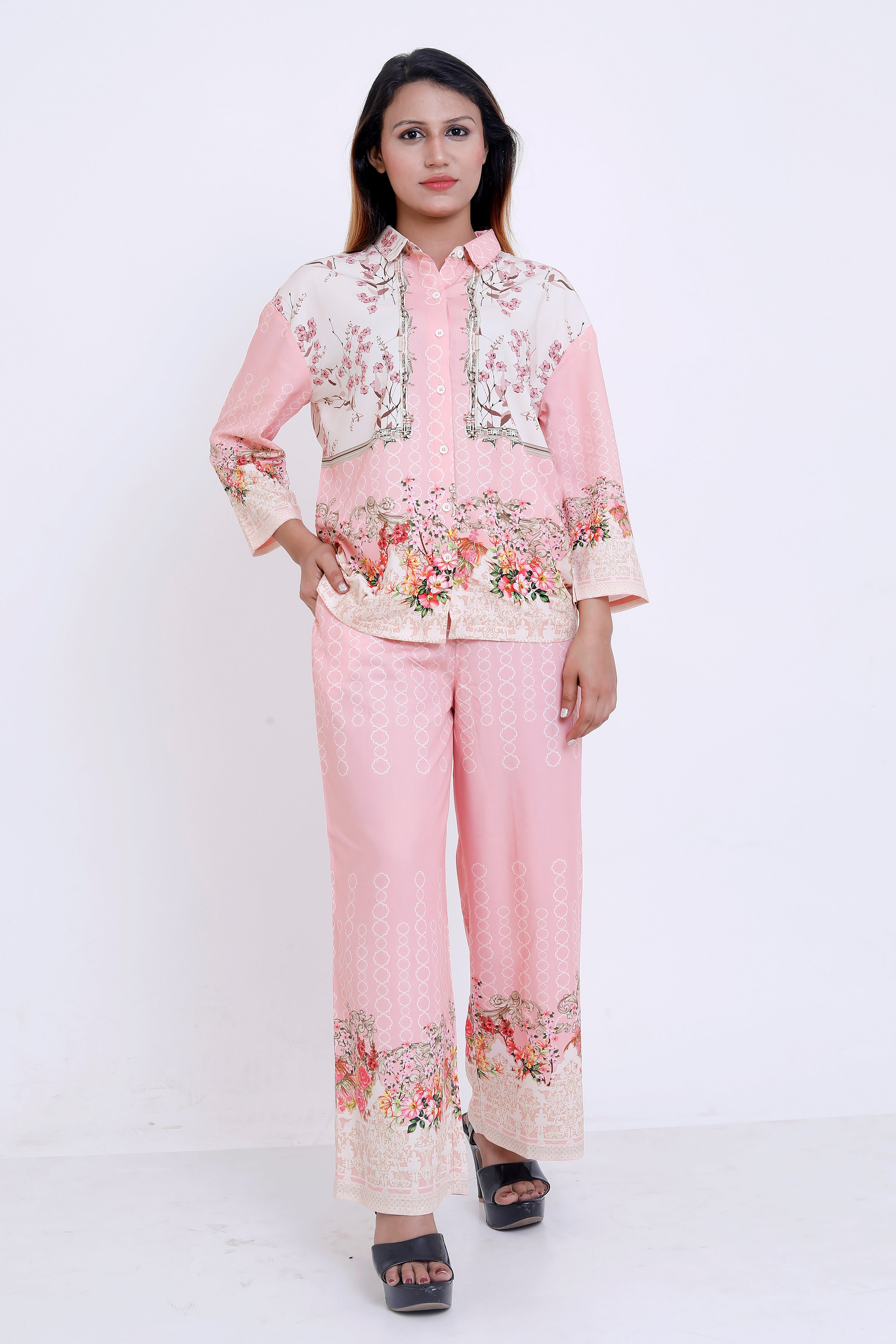 Women Pink Floral Printed Shirt & Palazzo Co-ord Set