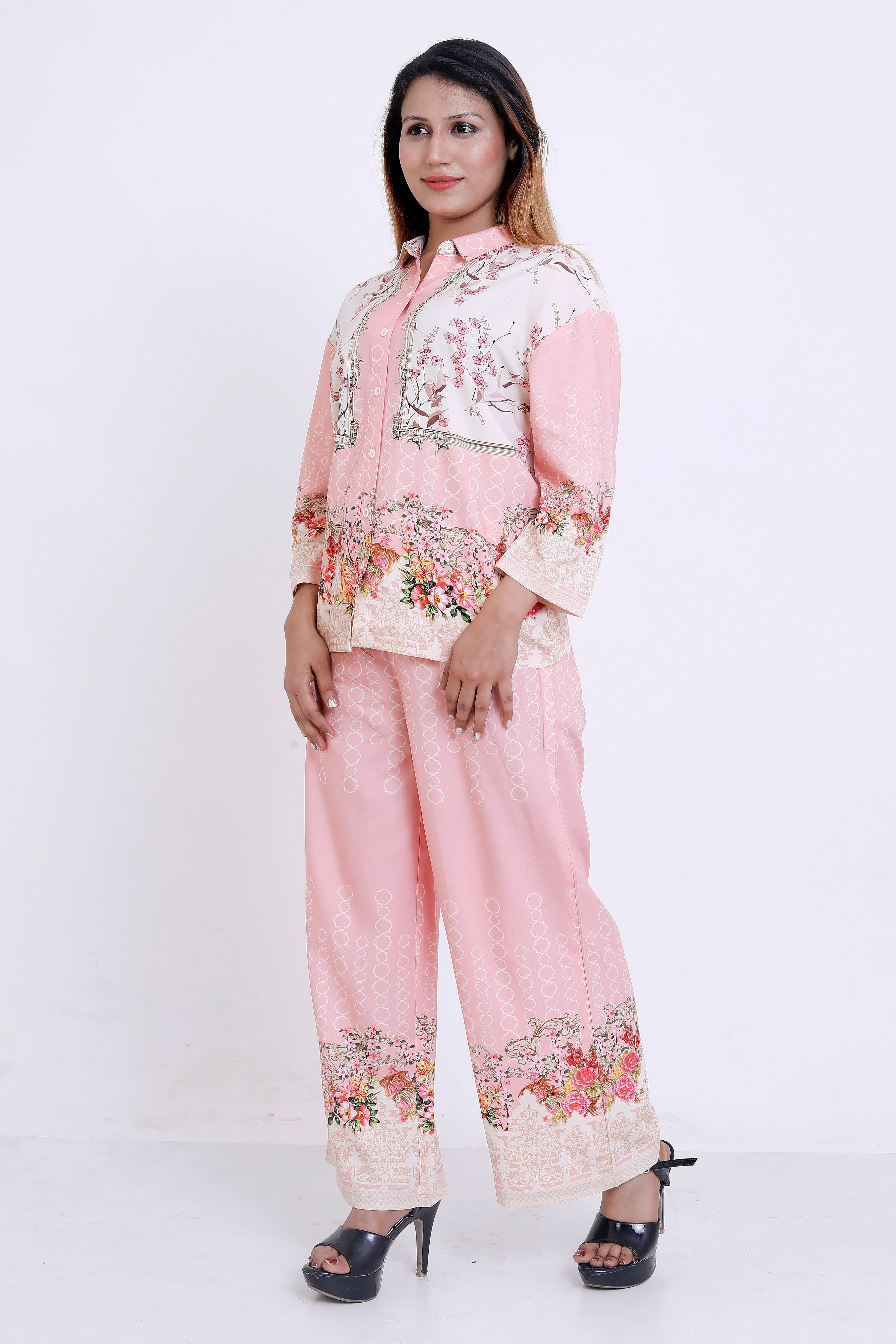 Women Pink Floral Printed Shirt & Palazzo Co-ord Set