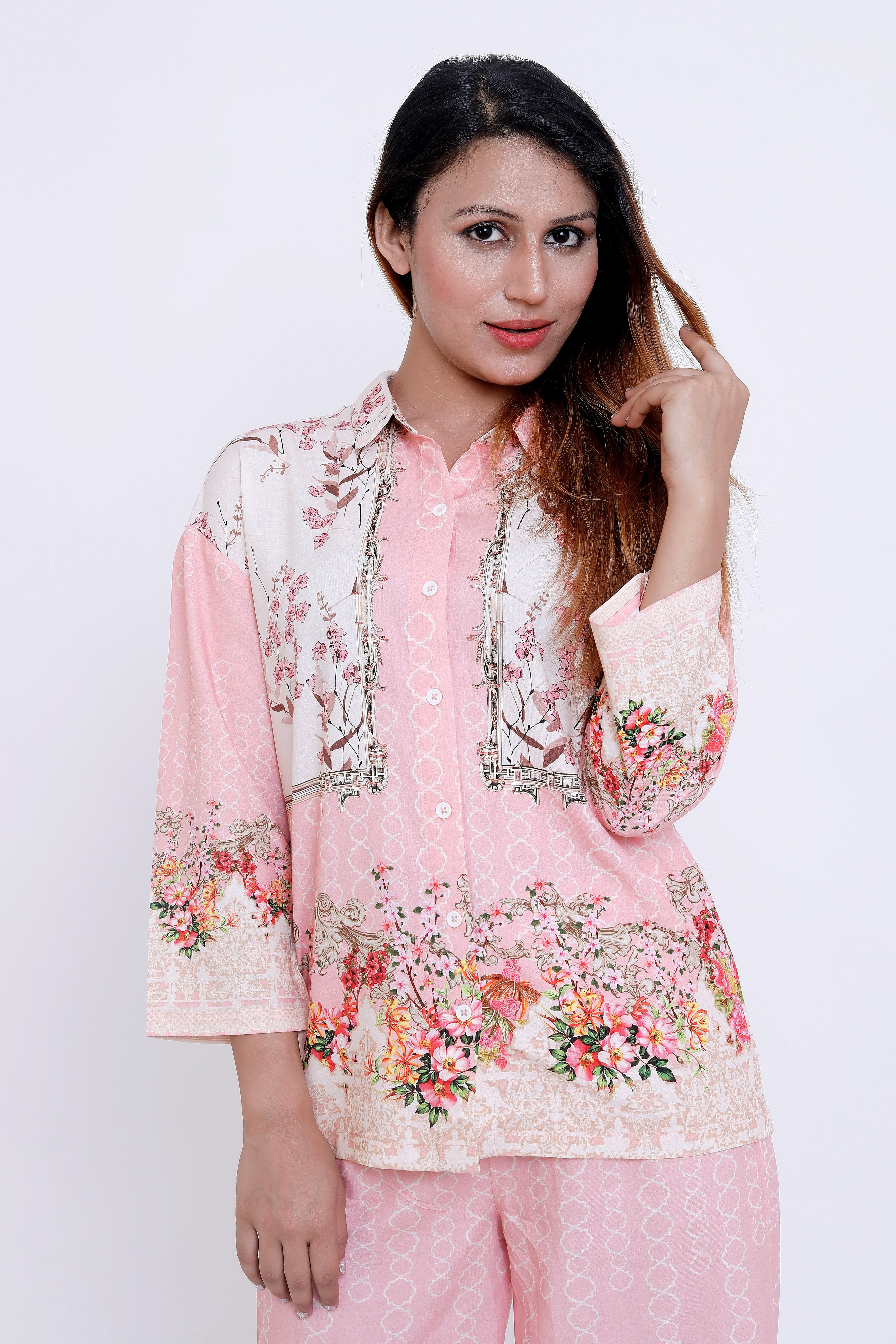 Women Pink Floral Printed Shirt & Palazzo Co-ord Set