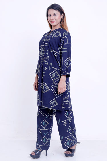 Women Navy Blue Geometric Printed Kurti with Palazzo Co-ord Set