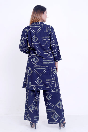 Women Navy Blue Geometric Printed Kurti with Palazzo Co-ord Set