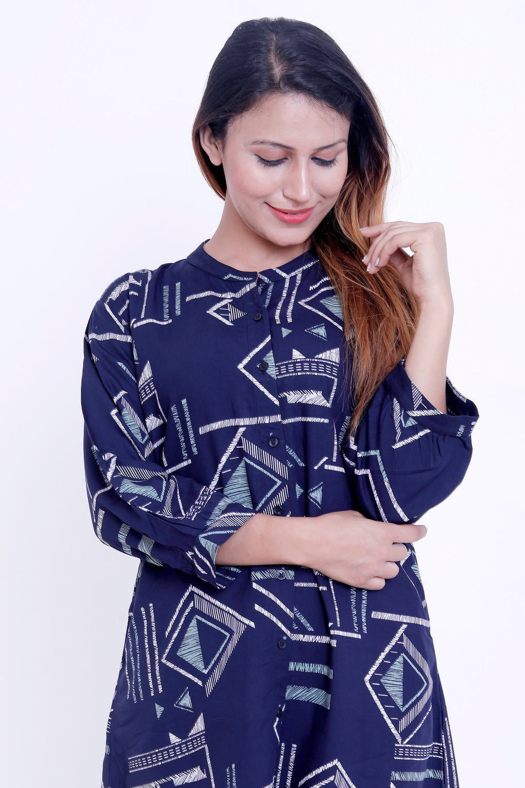 Women Navy Blue Geometric Printed Kurti with Palazzo Co-ord Set