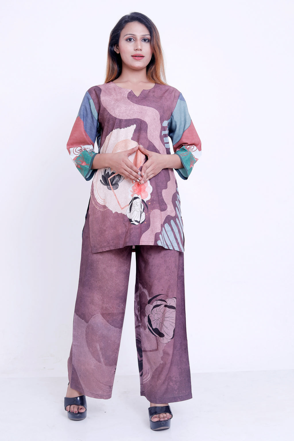Women Mauve Abstract Floral Printed Kurti with Palazzo Co-ord Set