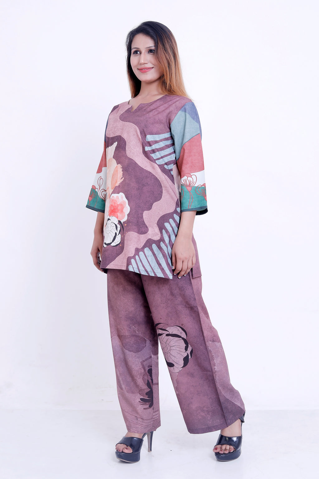 Women Mauve Abstract Floral Printed Kurti with Palazzo Co-ord Set