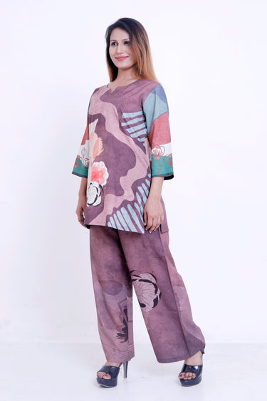 Women Mauve Abstract Floral Printed Kurti with Palazzo Co-ord Set