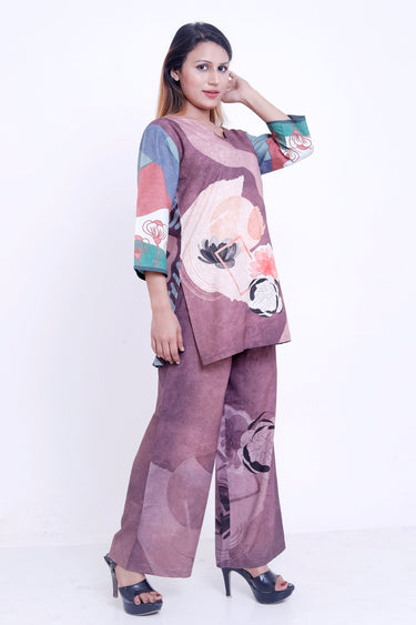 Women Mauve Abstract Floral Printed Kurti with Palazzo Co-ord Set