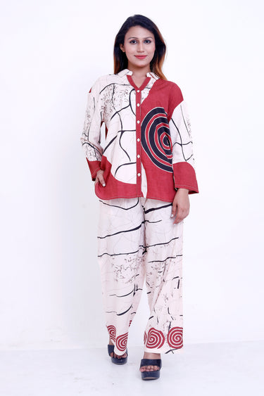 Women Off-White & Red Abstract Printed Shirt with Palazzo Co-ord Set