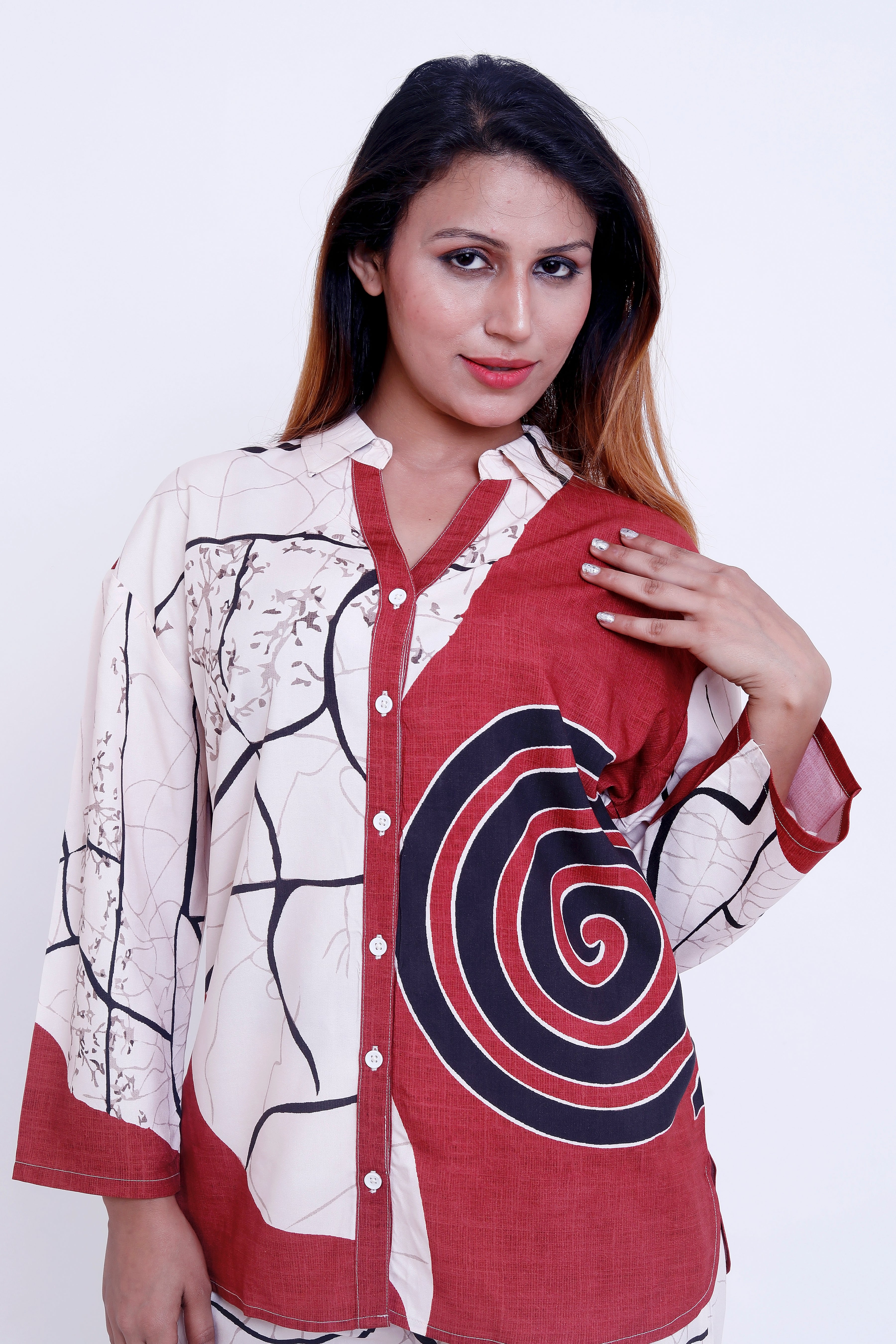 Women Off-White & Red Abstract Printed Shirt with Palazzo Co-ord Set